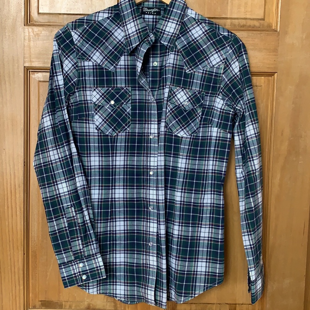 Wrangler western top green blue plaid women’s
